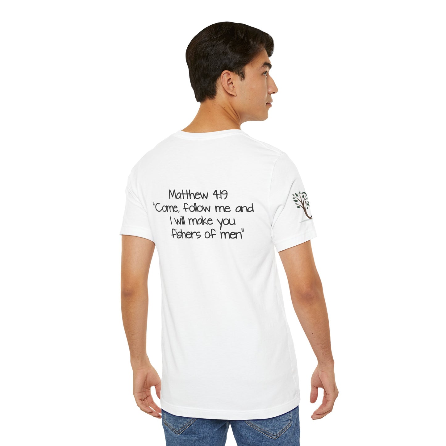 Double-sided Inspirational Unisex Short Sleeve Tee - "Follow the leader with Mathew scripture"
