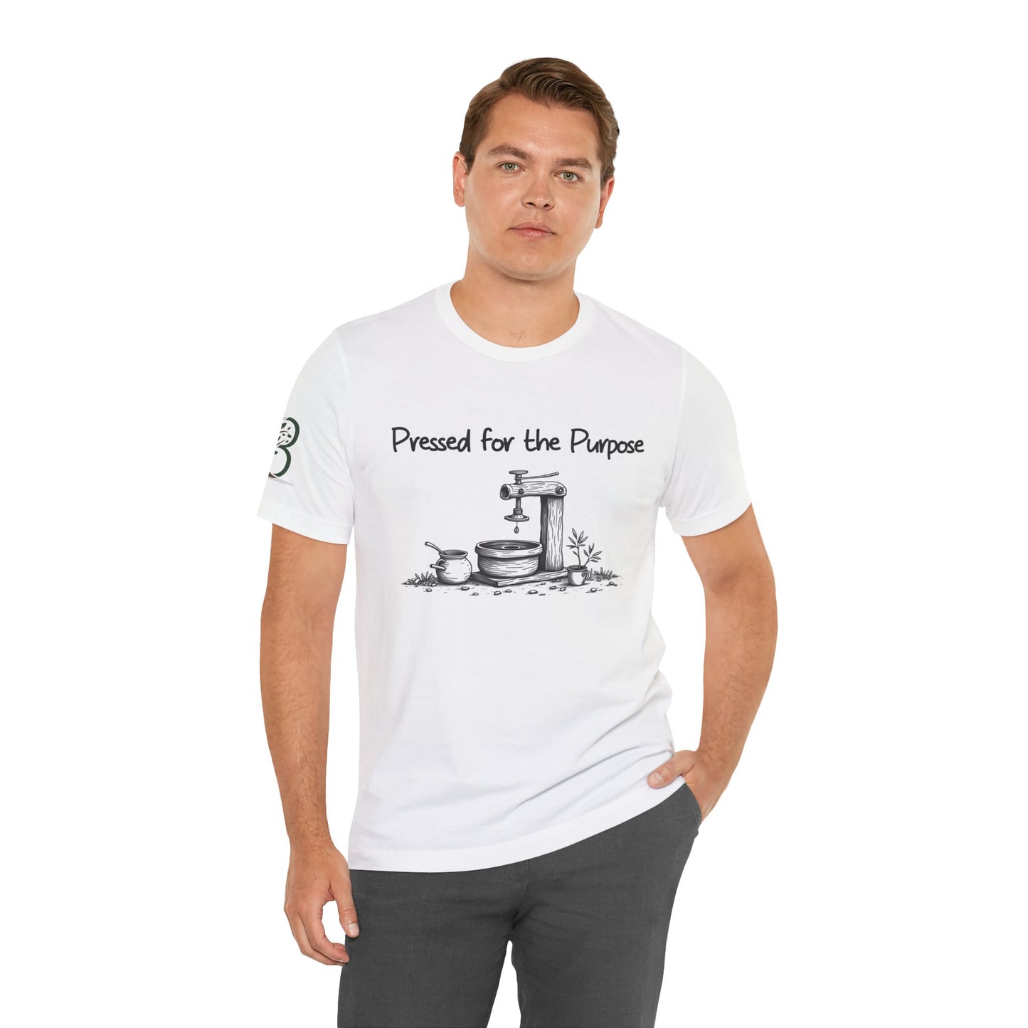 Double-sided Inspirational Unisex Short Sleeve Tee - "Pressed for the Purpose with Luke scripture"