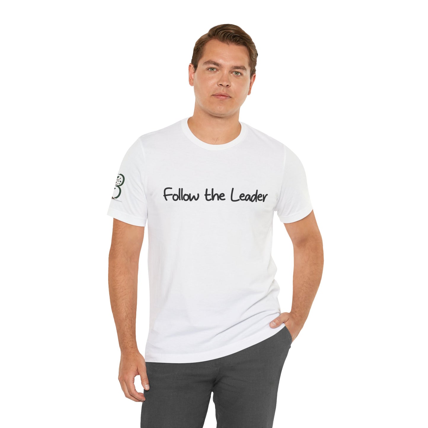 Double-sided Inspirational Unisex Short Sleeve Tee - "Follow the leader with Mathew scripture"